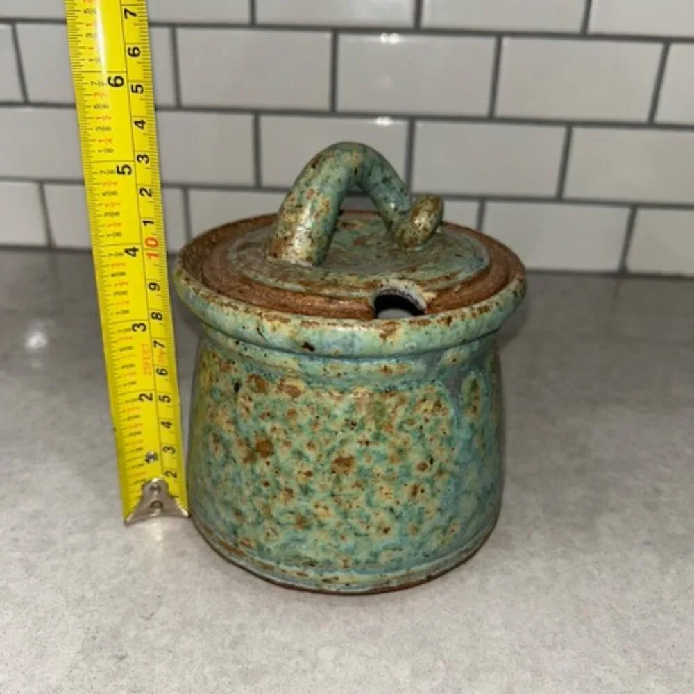 Stoneware Art Honey Pot Jar w/ Lid Greenish/Blue w/ Brown Speckles